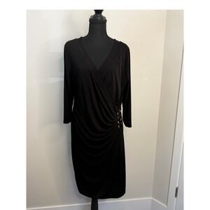 Thalia Sodi Women's XL Black Faux Wrap Dress Lace Up Grommet Ruched Midi